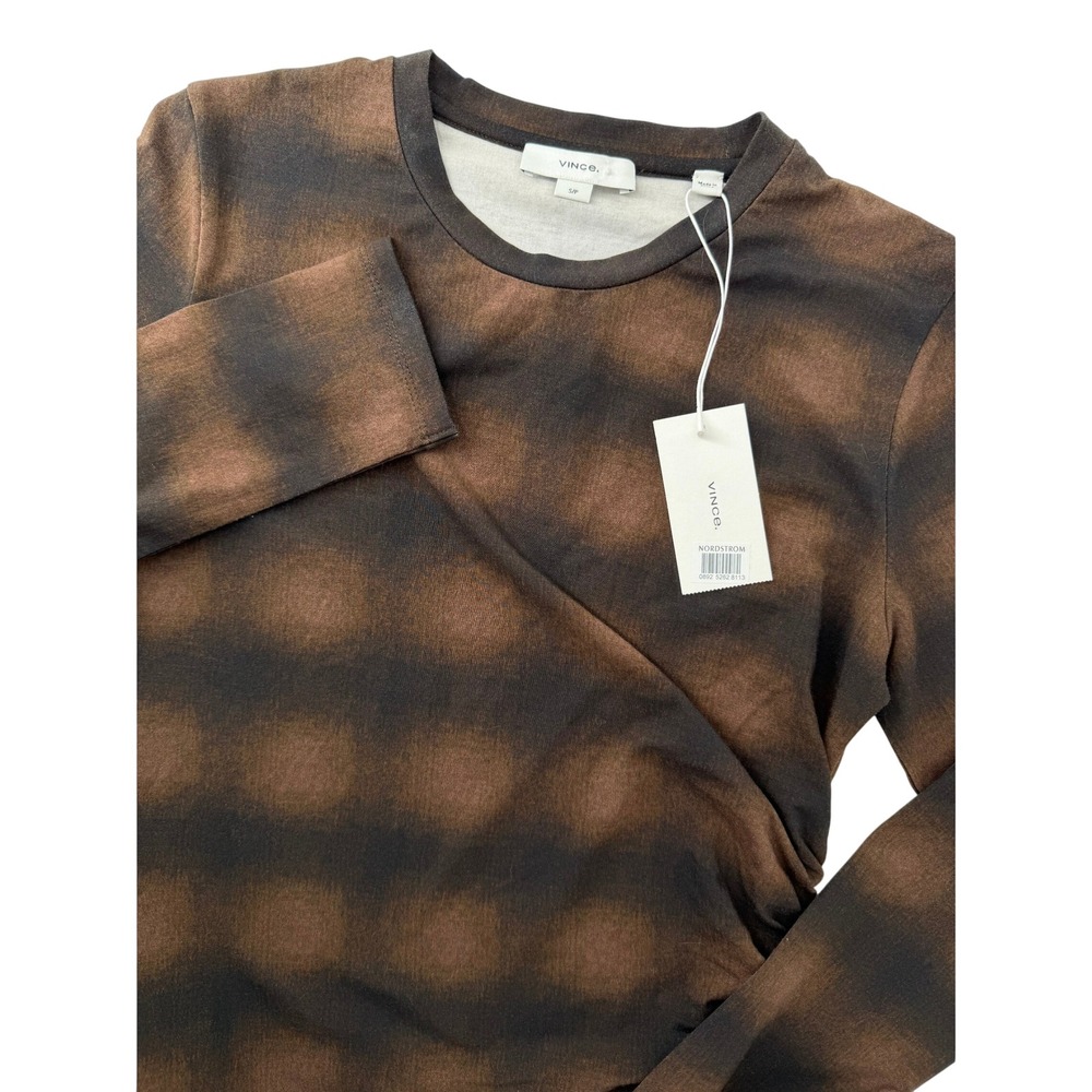 Vince Womens Brown Blurred Check Side Ruched Long Sleeve Top S V054484592 NEW